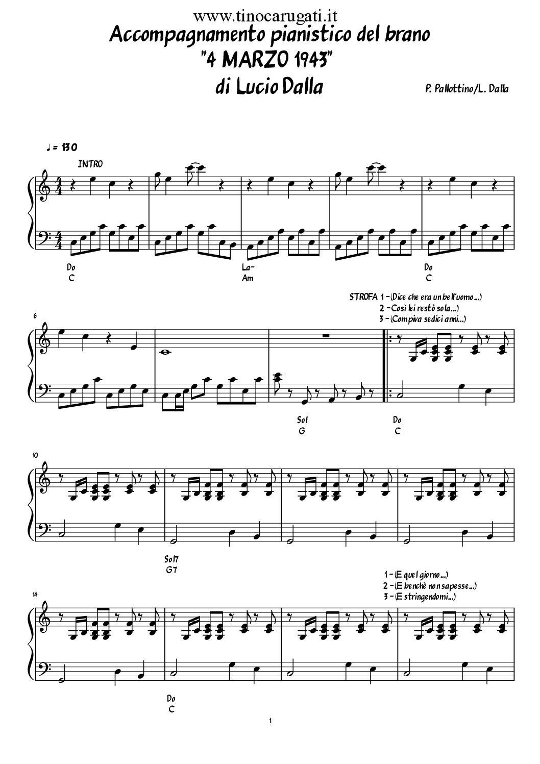 Spartito Pianistico "4 MARZO 1943" Lucio Dalla