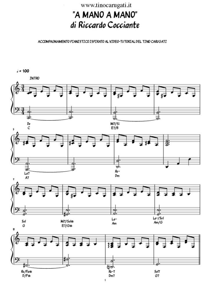Spartito Pianoforte "A MANO A MANO" Riccardo Cocciante