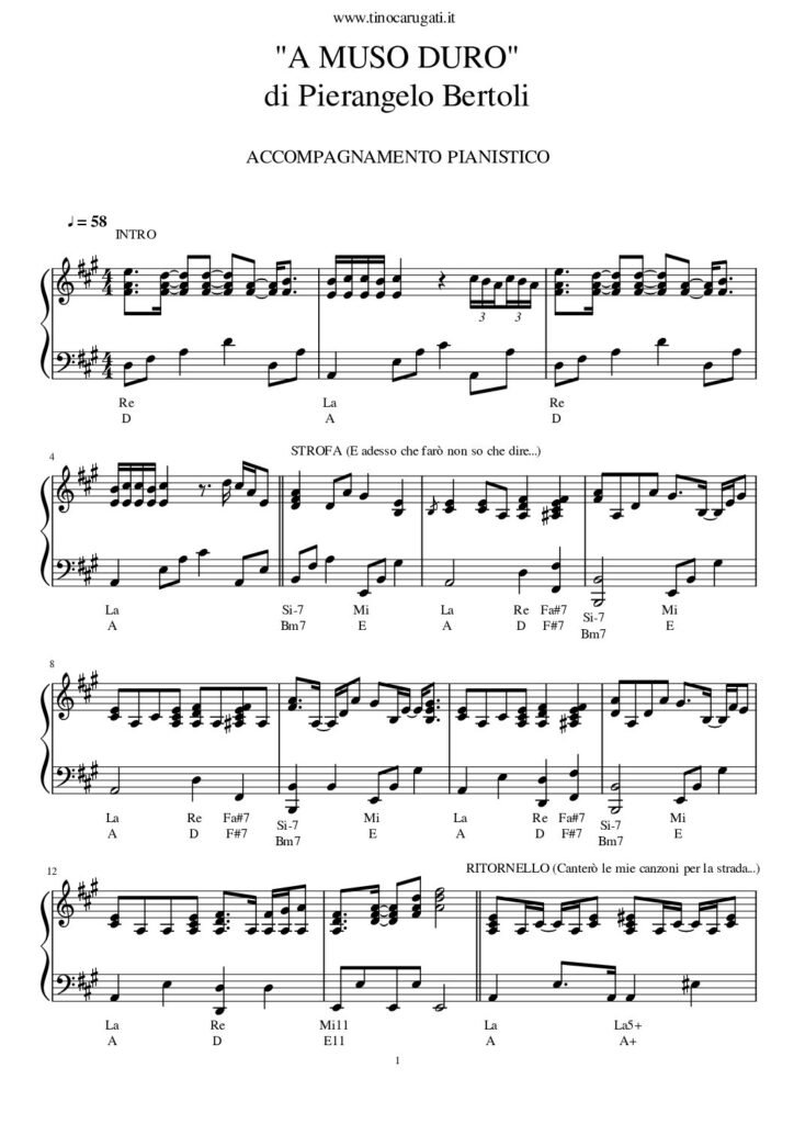 Spartito Pianoforte  "A MUSO DURO"  Pierangelo Bertoli