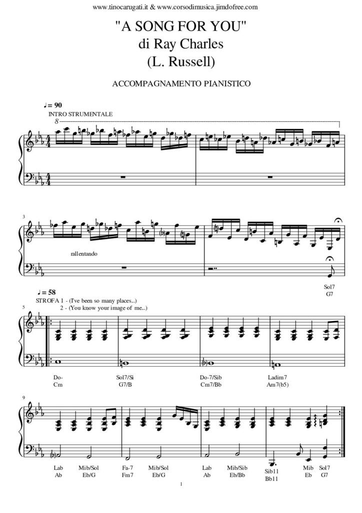 Spartito Pianoforte "A SONG FOR YOU" Ray Charles