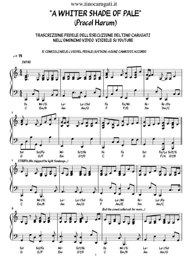 Spartito Pianoforte "A WHITER SHADE OF PALE" Procol Harum