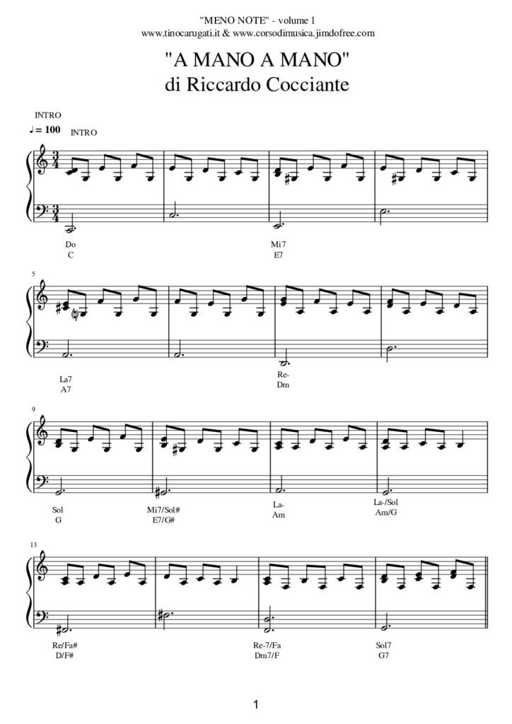 Spartito Pianoforte "A MANO A MANO" Riccardo Cocciante - Spartito in pianismo melodico facilitato