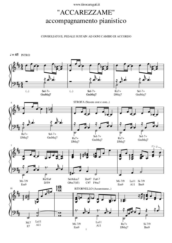 Spartito Pianoforte  "ACCAREZZAME"  Fred Bongusto