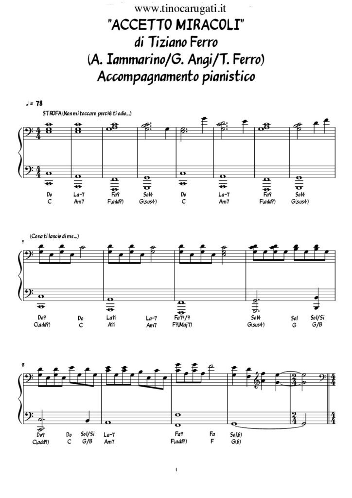 Spartito Pianoforte "ACCETTO MIRACOLI" Tiziano Ferro