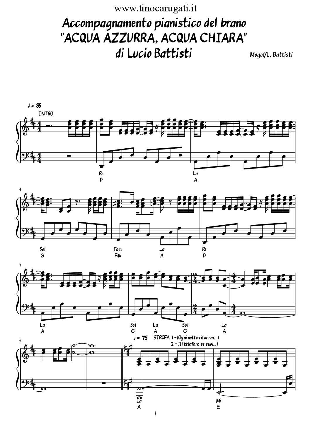 Spartito Pianistico  Acqua azzurra, acqua chiara - Lucio Battisti