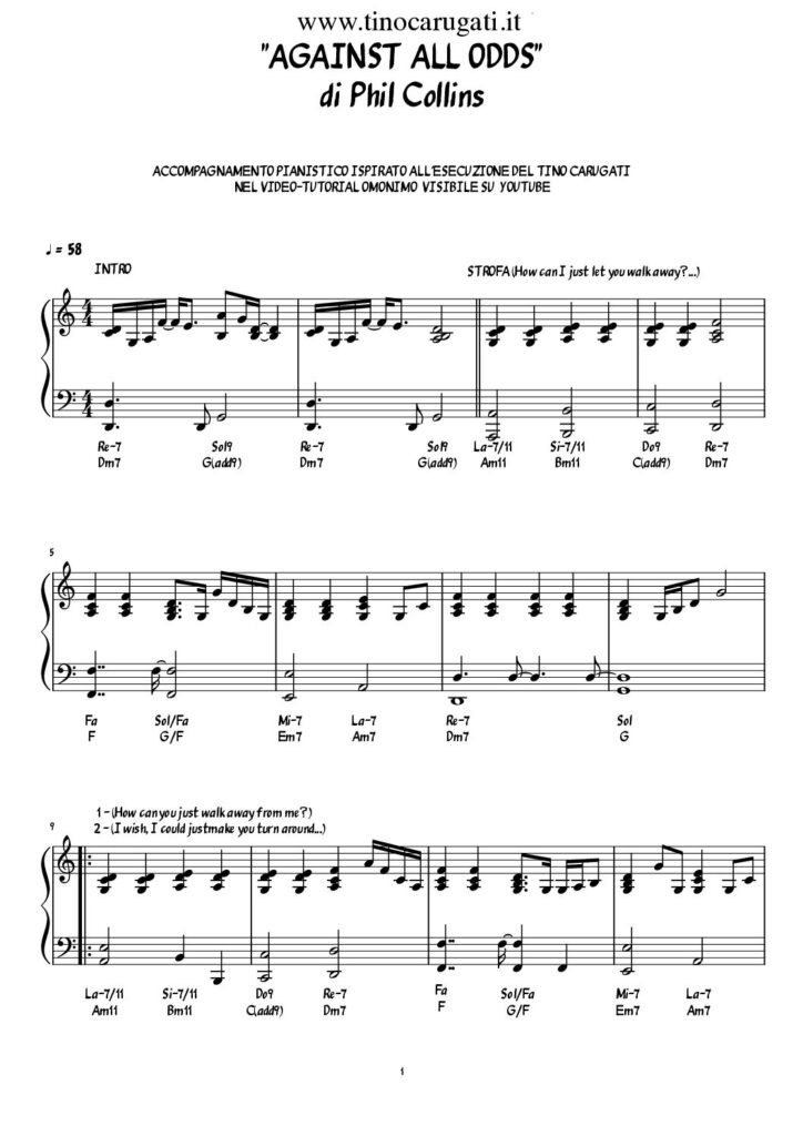 Spartito Pianoforte "AGAINST ALL ODDS" Phil Collins
