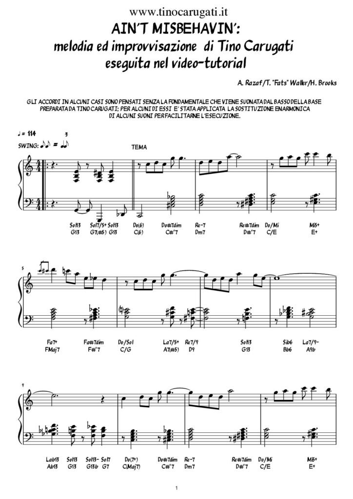 Spartito Pianoforte "AIN'T MISBEHAVIN" Fats Waller (Jazz Standard)