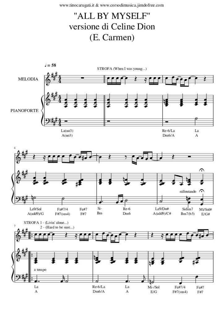 Spartito Pianoforte "ALL BY MYSELF"  Celine Dion - Accompagnamento + melodia