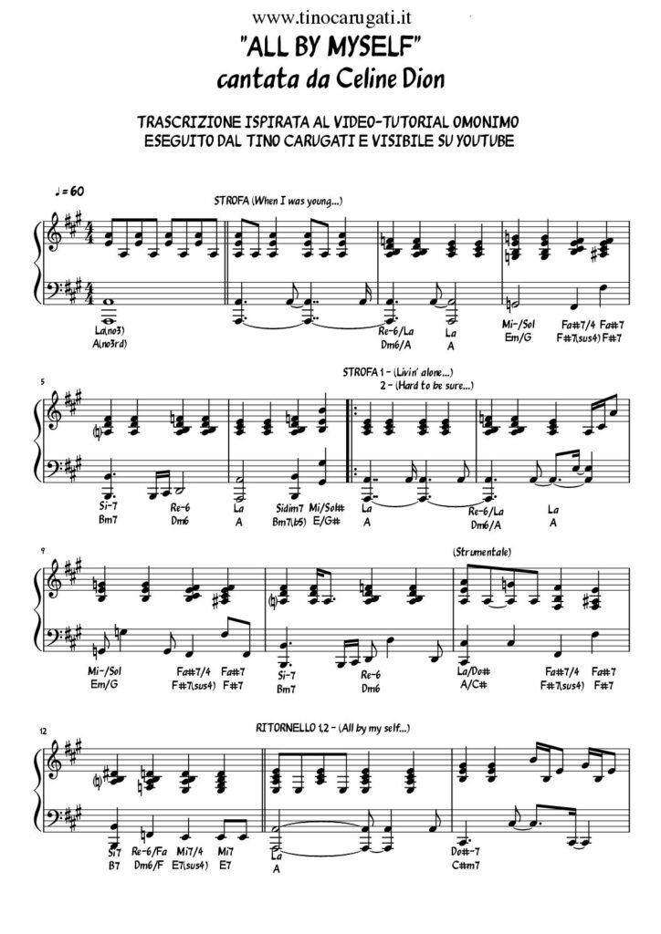 Spartito Pianoforte "ALL BY MYSELF" Celine Dion