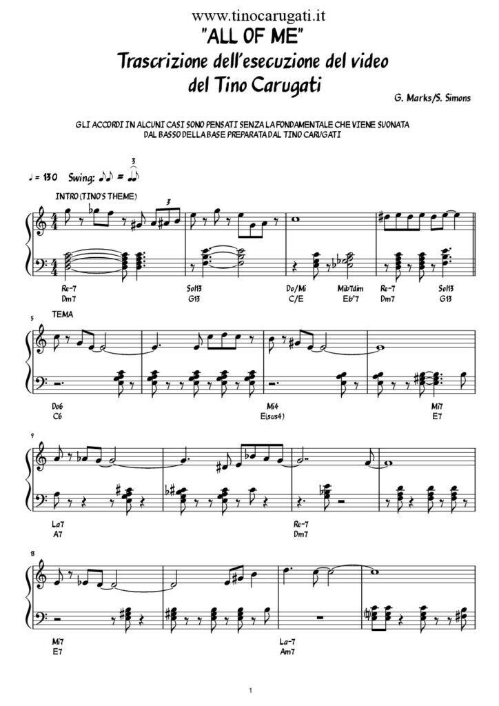Spartito Pianoforte "ALL OF ME" (Jazz Standard)