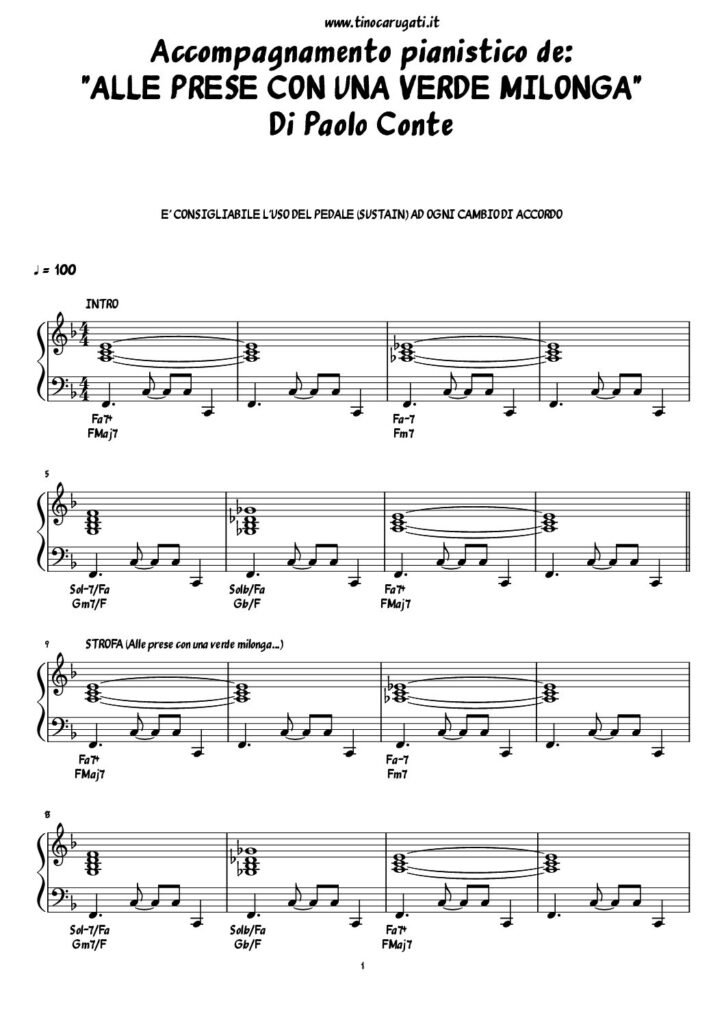 Spartito Pianoforte "ALLE PRESE CON UNA VERDE MILONGA" Paolo Conte