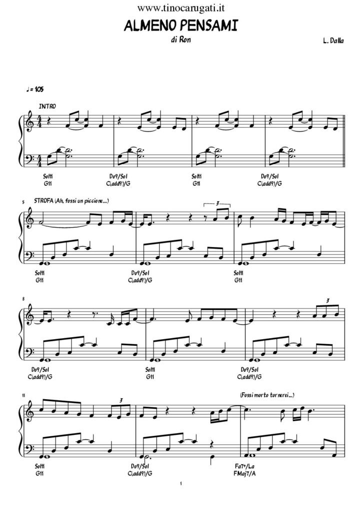 Spartito Pianoforte "ALMENO PENSAMI" Ron