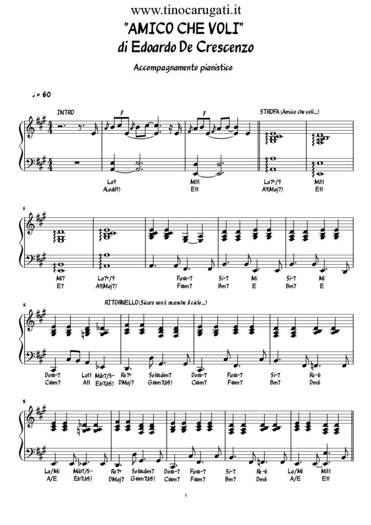 Spartito Pianoforte "AMICO CHE VOLI" Eduardo De Crescenzo