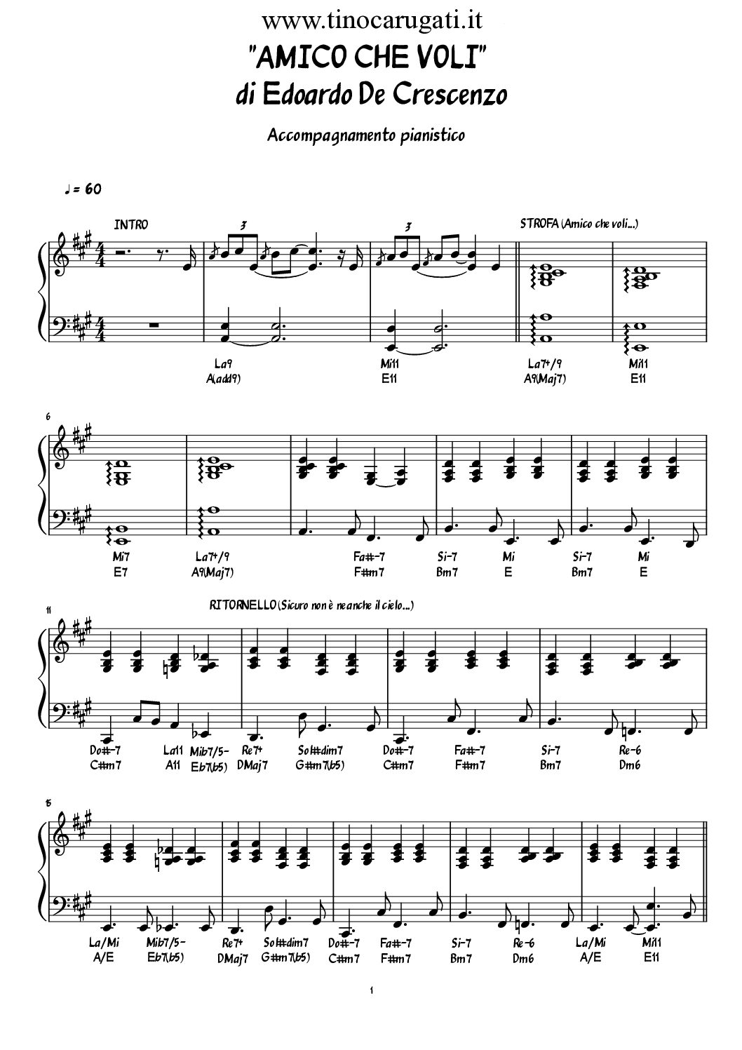 Spartito Pianistico  Amico che voli - Edoardo De Crescenzo