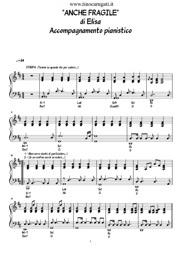 Spartito Pianoforte "ANCHE FRAGILE" Elisa