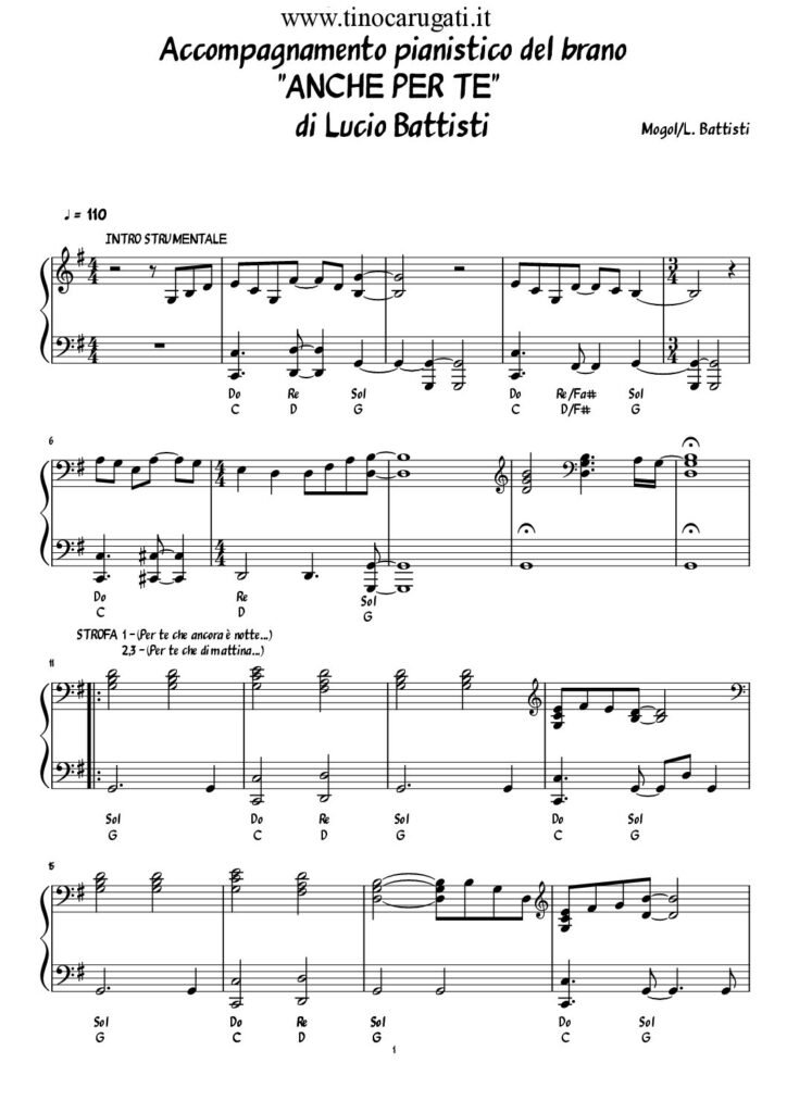 Spartito Pianoforte "ANCHE PER TE" Lucio Battisti