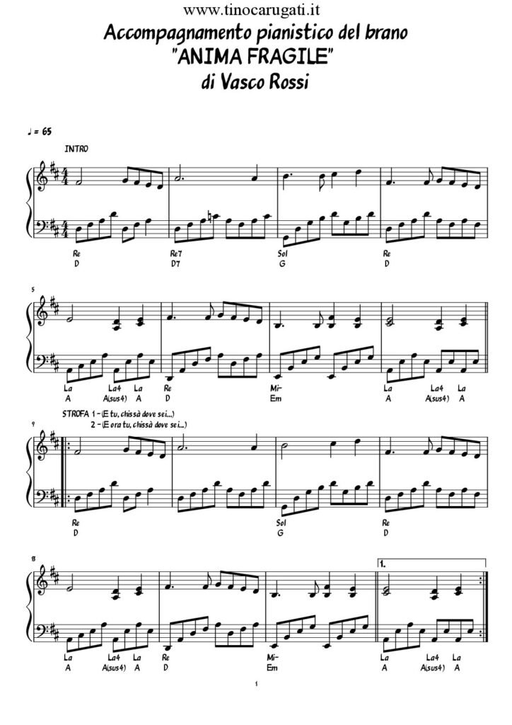 Spartito Pianoforte "ANIMA FRAGILE" Vasco Rossi