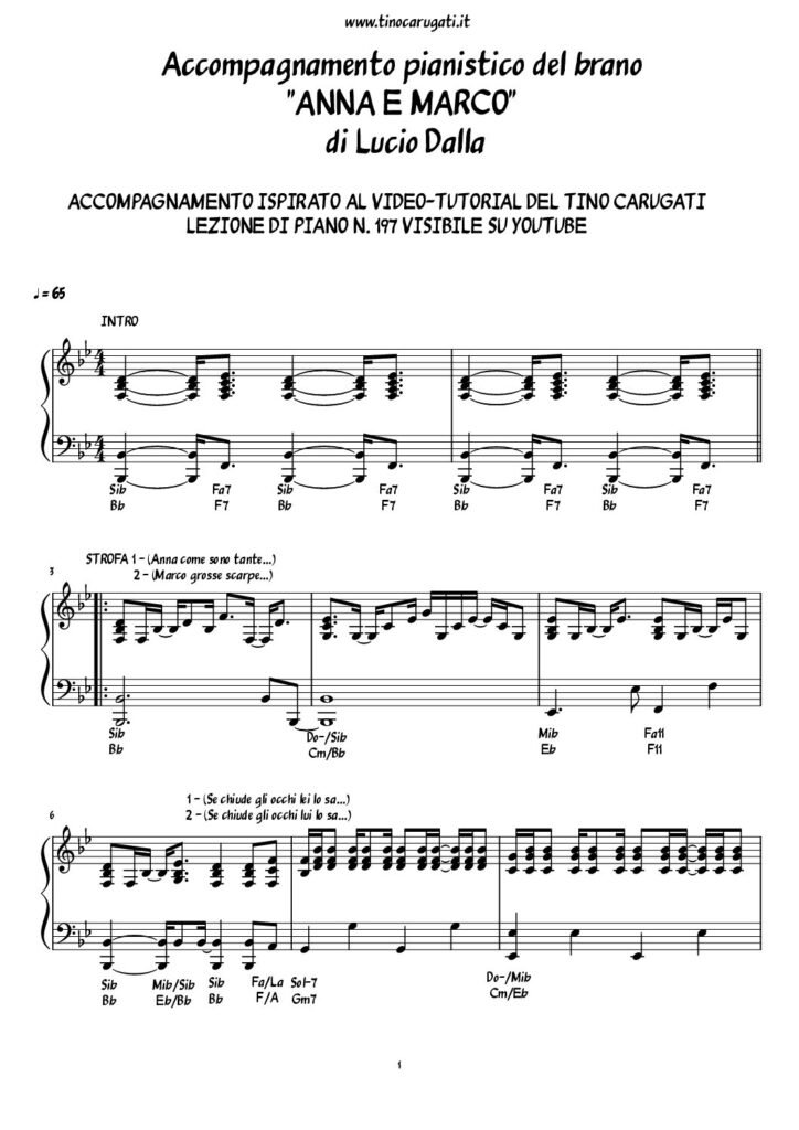 Spartito Pianoforte "ANNA E MARCO" Lucio Dalla