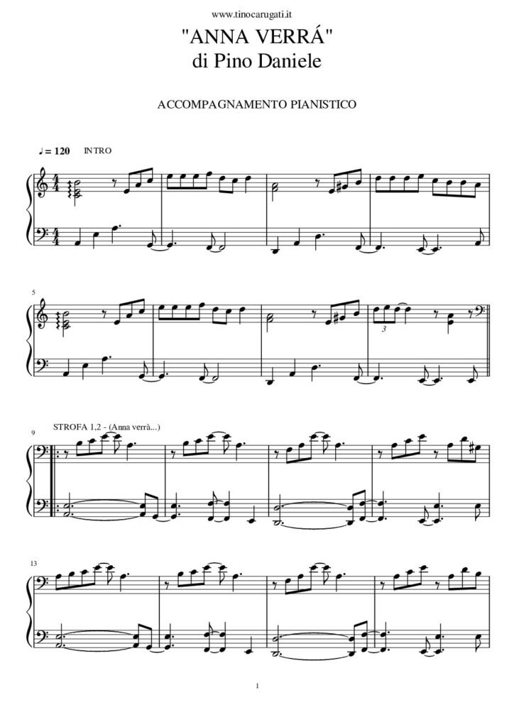 Spartito pianoforte "ANNA VERRA'"  Pino Daniele - in Lam