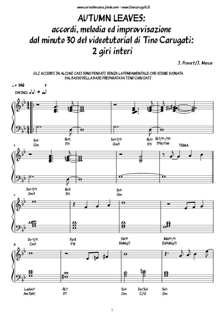 Spartito Pianoforte "AUTUMN LEAVES" Jazz Standard