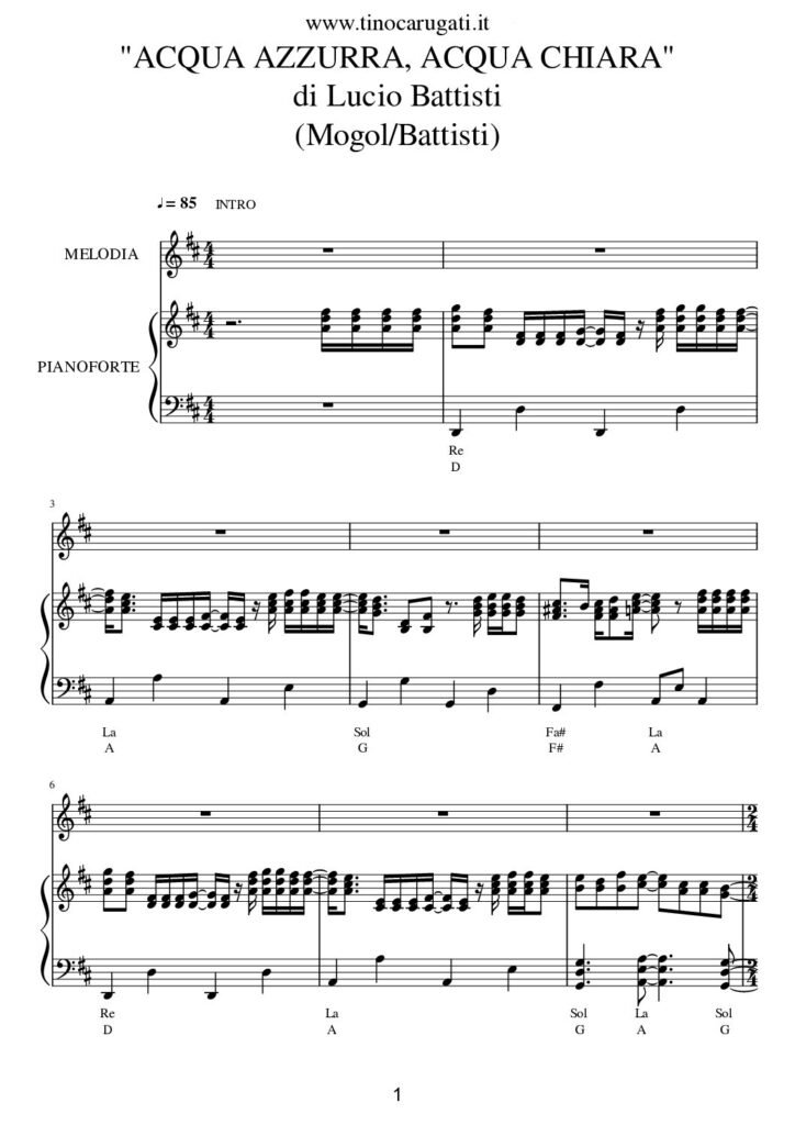Spartito Pianoforte  "ACQUA AZZURRA, ACQUA CHIARA"  Lucio Battisti - Accompagnamento + melodia