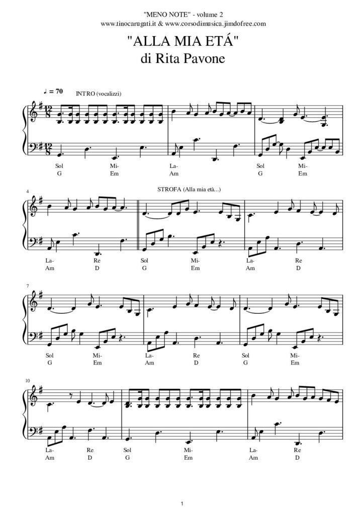 Spartito Pianoforte "ALLA MIA ETA'"  Rita Pavone - Spartito in pianismo melodico facilitato