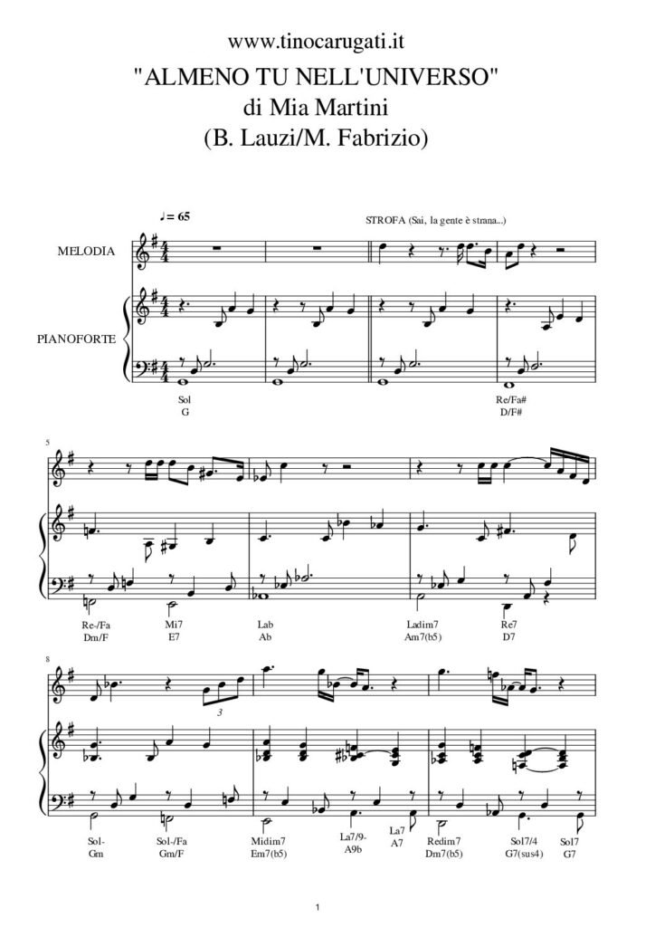 Spartito Pianoforte "ALMENO TU NELL'UNIVERSO" Mia Martini - Accompagnameto  + melodia
