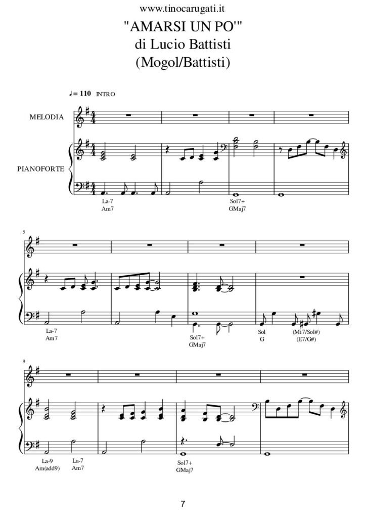 Spartito Pianoforte "AMARSI UN PO'" Lucio Battisti - Accompagnamento + melodia
