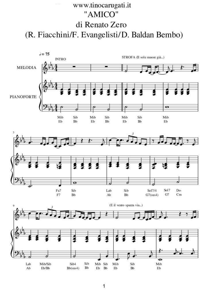 Spartito pianoforte "Amico"  Renato Zero (accomp.+ melodia)
