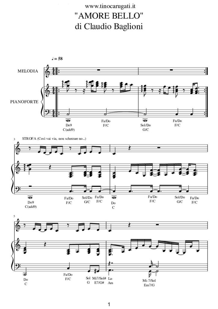 Spartito Pianoforte  "AMORE BELLO"  Claudio Baglioni - Accompagnamento + melodia