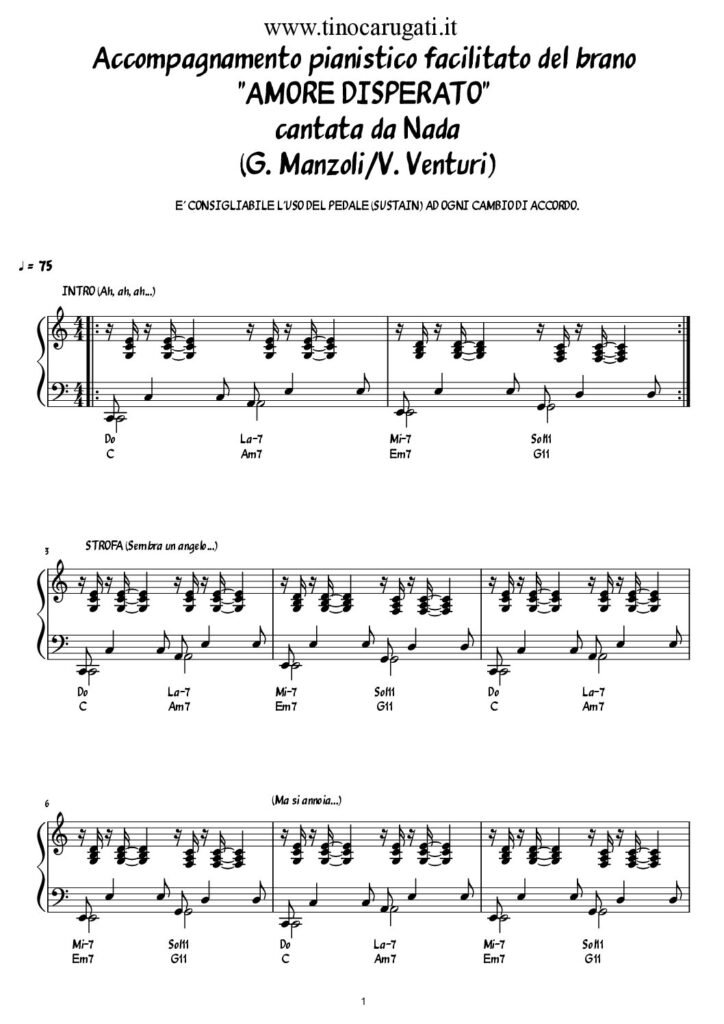 Spartito Pianoforte "AMORE DISPERATO" Nada - Accompagnamento facilitato in Do