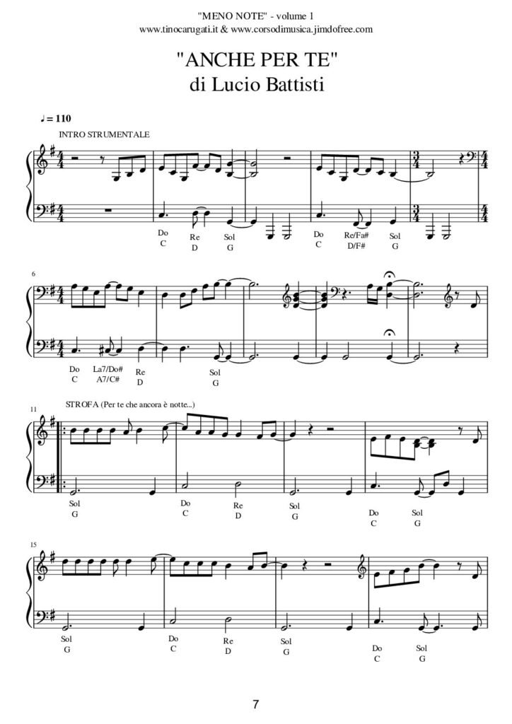 Spartito Pianoforte "ANCHE PER TE"  Lucio Battisti - in pianismo melodico facilitato