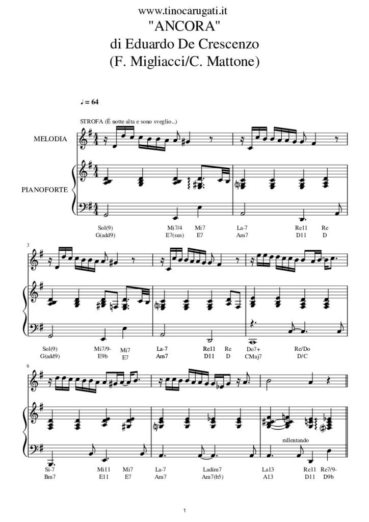 Spartito Pianoforte "ANCORA"  Eduardo De Crescenzo - Accompagnamento + melodia