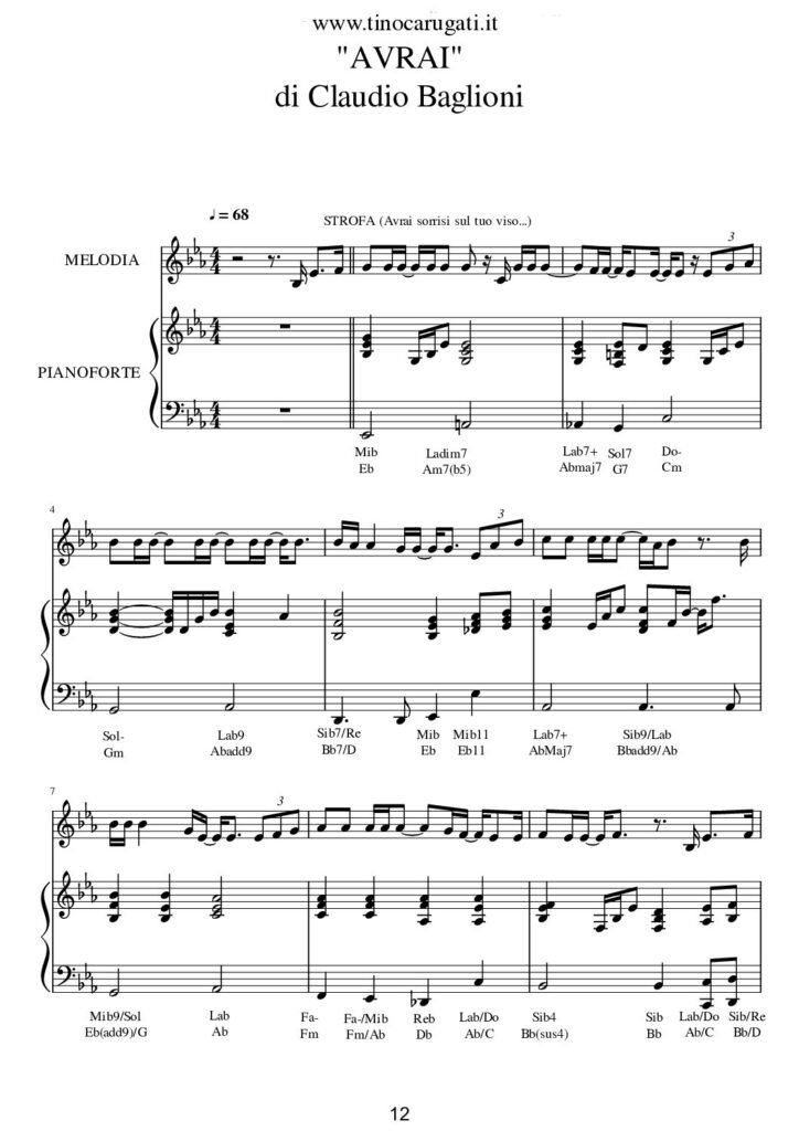Spartito Pianoforte "AVRAI" Claudio Baglioni - Accompagnamento + melodia