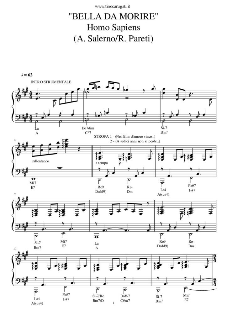 Spartito Pianoforte  "BELLA DA MORIRE"  Homo Sapiens