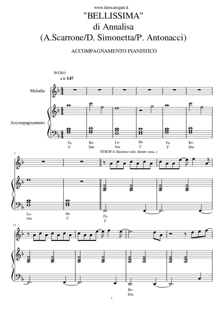 Spartito Pianoforte "BELLISSIMA" - Annalisa (Accomp.+ melodia)