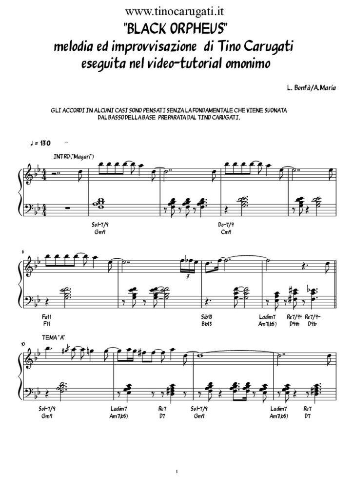 Spartito Pianoforte "BLACK ORPHEUS" Latin Jazz Standard