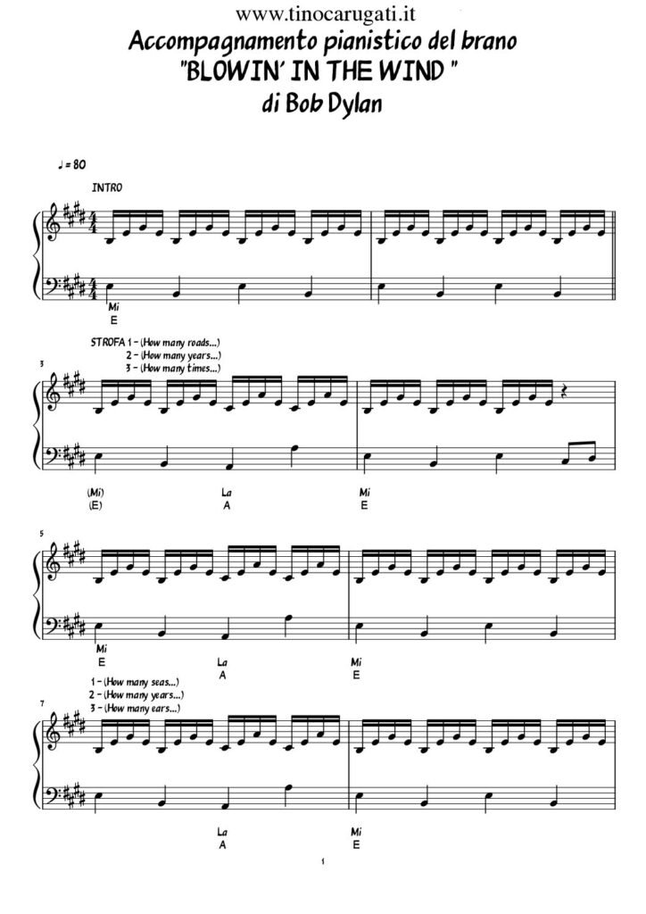 Spartito Pianoforte "BLOWIN' IN THE WIND" Bob Dylan