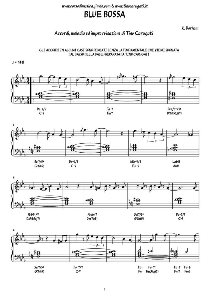 Spartito Pianoforte "BLUE BOSSA" K. Dorham - Latin Jazz Standard