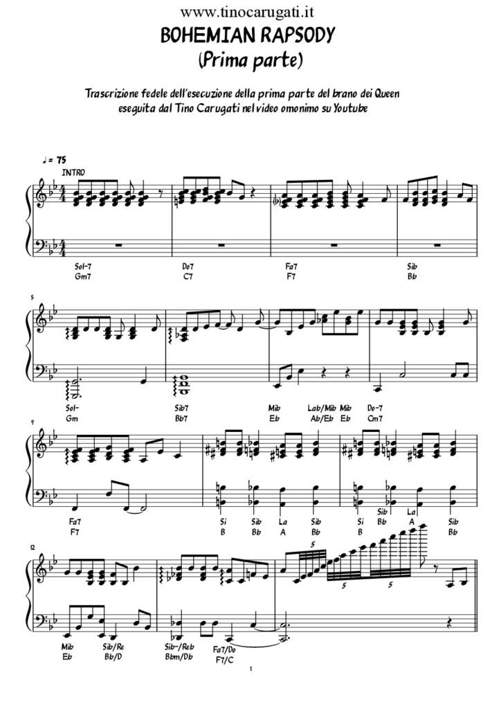 Spartito Pianoforte "BOHEMIAN RHAPSODY" Queen (Parte prima)