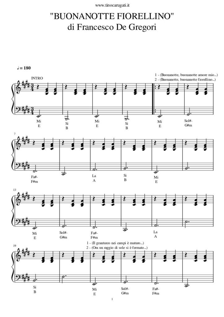 Spartito Pianoforte "BUONANOTTE FIORELLINO" Francesco De Gregori