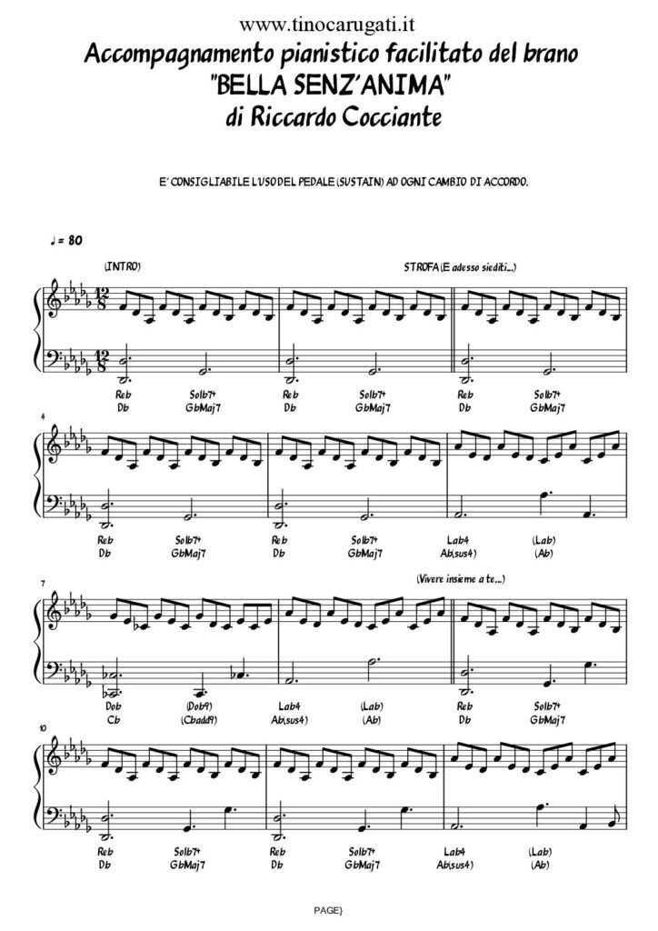 Spartito Pianoforte "BELLA SENZ'ANIMA" Riccardo Cocciante