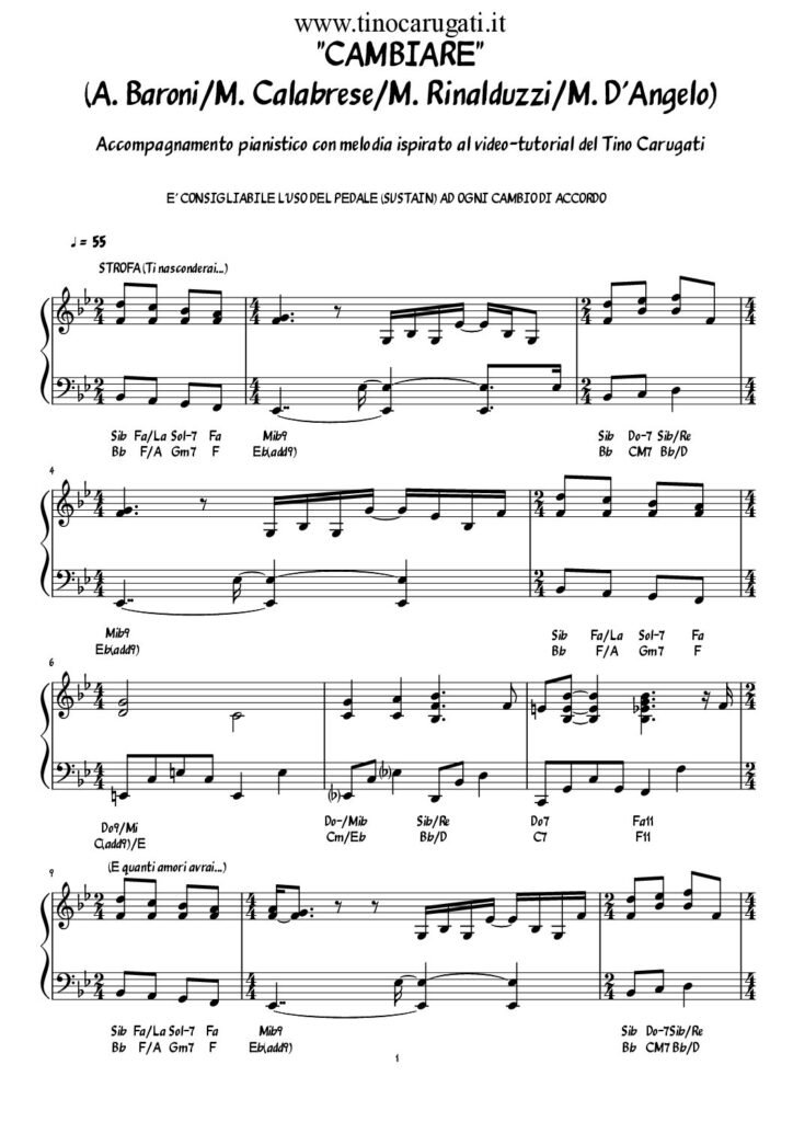 Spartito Pianoforte "CAMBIARE" Alex Baroni - Accompagnamento melodico