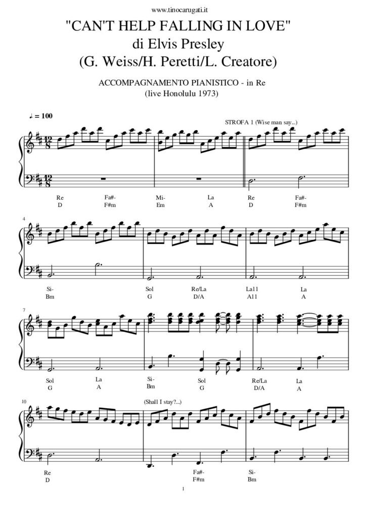 Spartito Pianoforte "CAN'T HELP FALLING IN LOVE" Elvis Presley (vers. live Honolulu 1973)
