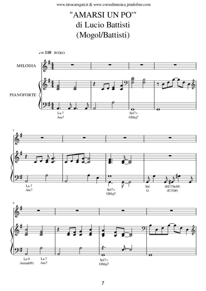 Spartito Pianoforte "AMARSI UN PO'"  Lucio Battisti (accomp.+ melodia)