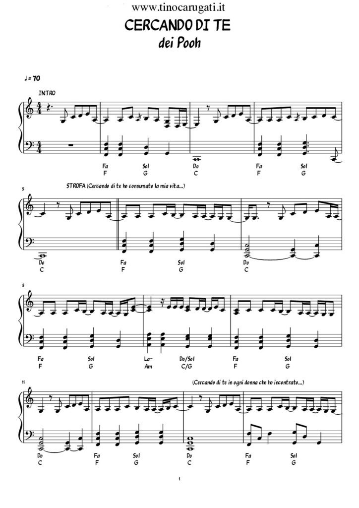 Spartito Pianoforte "CERCANDO DI TE" Pooh - Pianismo melodico