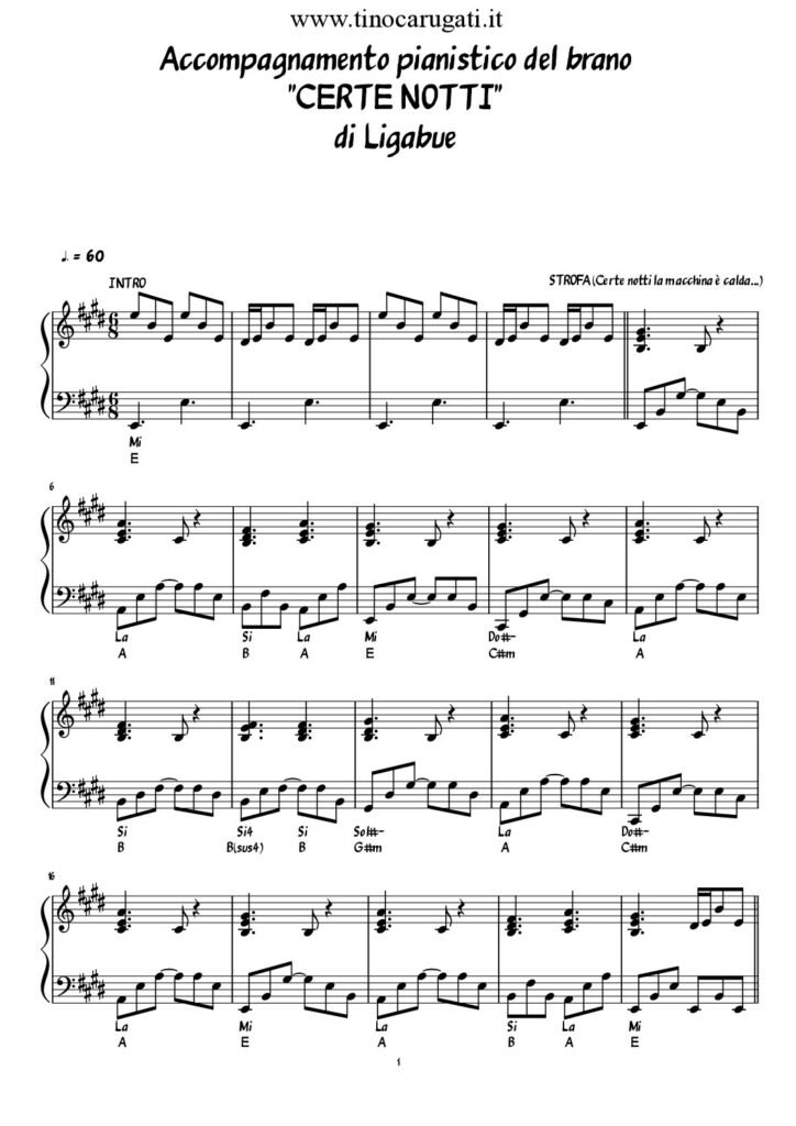 Spartito Pianoforte "CERTE NOTTI" Ligabue