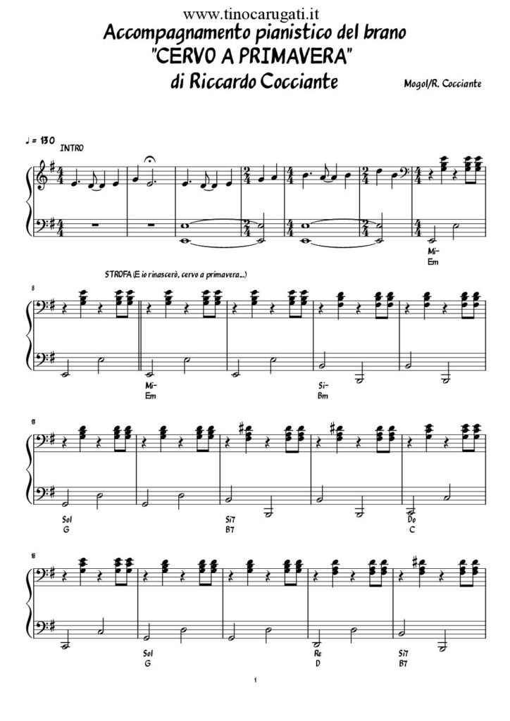 Spartito Pianoforte "CERVO A PRIMAVERA" Riccardo Cocciante