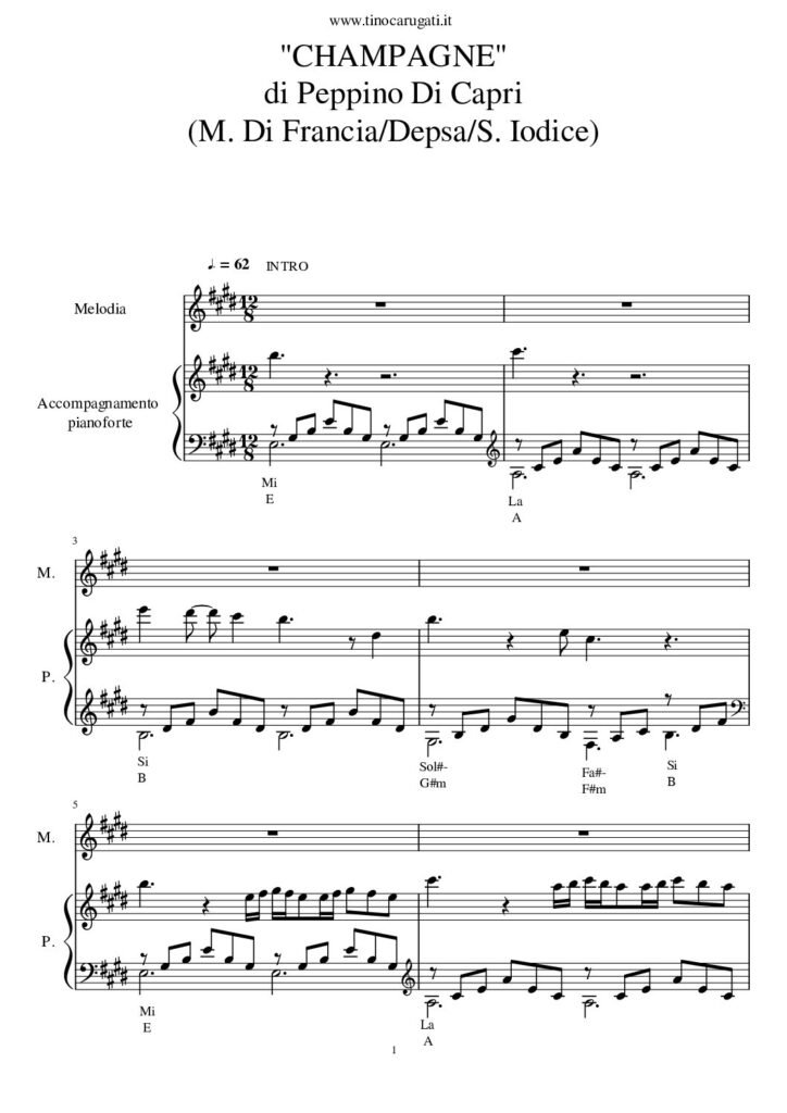 Spartito Pianoforte "CHAMPAGNE"  Peppino di Capri - accompagnamento + melodia