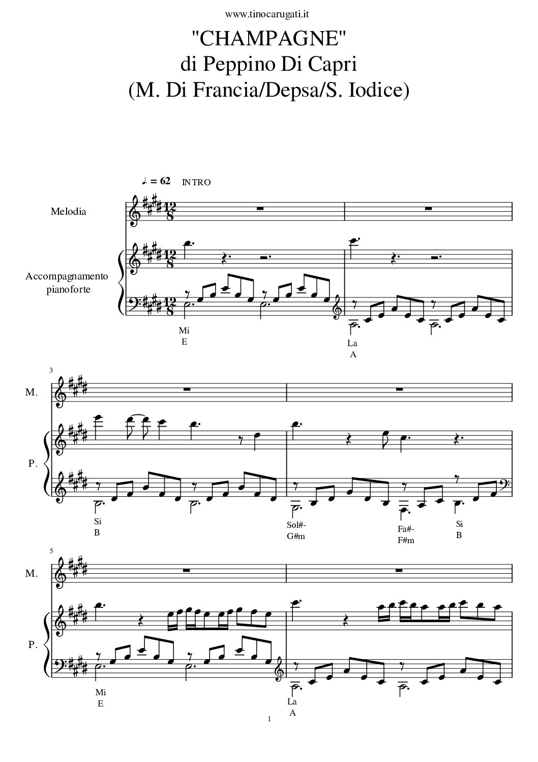 Spartito Pianoforte "CHAMPAGNE"  Peppino di Capri - accompagnamento + melodia